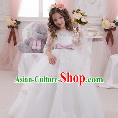 Top Grade Chinese Compere Performance Catwalks Costume, Children Chorus Singing Group Baby Princess White Bubble Full Dress Modern Dance Big Swing Long Dress for Girls Kids