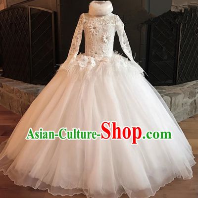 Top Grade Professional Compere Performance Catwalks Costume, Children Chorus Singing Group White Fur Collar Lace Full Dress Modern Dance Big Swing Bubble Dress for Girls Kids