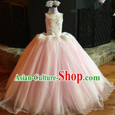 Top Grade Professional Compere Performance Catwalks Costume, Children Chorus Singing Group Pink Lace Sleeveless Full Dress Modern Dance Big Swing Bubble Dress for Girls Kids