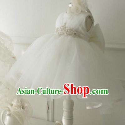 Top Grade Professional Compere Performance Catwalks Costume, Children Chorus Singing Group Little Princess White Veil Full Dress Modern Dance Short Bubble Dress for Girls Kids