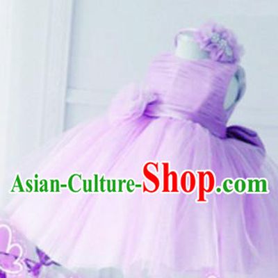 Top Grade Professional Compere Performance Catwalks Costume, Children Chorus Singing Group Little Princess Purple Wedding Veil Full Dress Modern Dance Bubble Dress for Girls Kids