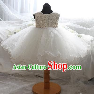 Top Grade Professional Compere Performance Catwalks Costume, Children Chorus Singing Group Little Princess Crystal Full Dress Modern Dance White Bubble Dress for Girls Kids