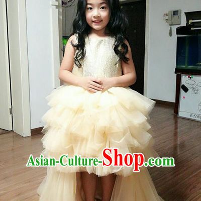 Top Grade Professional Compere Performance Catwalks Costume, Children Chorus Singing Group Little Princess Wedding Full Dress Modern Dance White Long Trailing Bubble Dress for Girls Kids