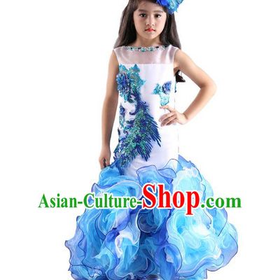 Top Grade Chinese Compere Professional Performance Catwalks Costume, Children Chorus Blue Fishtail Formal Dress Modern Dance Little Princess Long Dress for Girls Kids