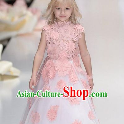 Top Grade Chinese Compere Professional Performance Catwalks Costume, Children Chorus Flowers Bubble Formal Dress Modern Dance Little Princess Long Lace Dress for Girls Kids