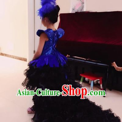 Top Grade Chinese Compere Professional Performance Catwalks Costume, Children Chorus Peacock Feather Formal Dress Modern Dance Little Princess Long Trailing Dress for Girls Kids