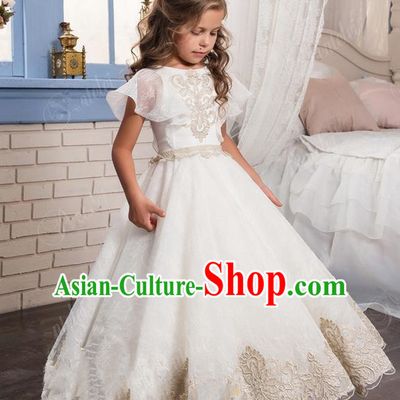 Top Grade Chinese Compere Professional Performance Catwalks Costume, Children Chorus White Lace Big Swing Wedding Formal Dress Modern Dance Baby Princess Long Bubble Dress for Girls Kids