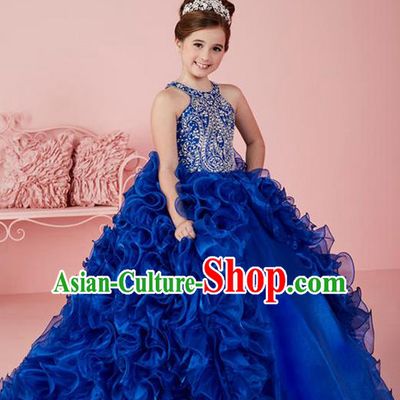 Top Grade Chinese Compere Professional Performance Catwalks Costume, Children Chorus Blue Flowers Big Swing Wedding Formal Dress Modern Dance Baby Princess Long Trailing Dress for Girls Kids