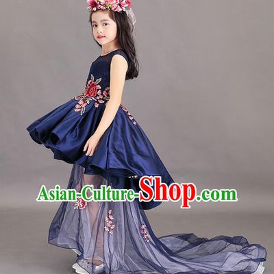 Top Grade Chinese Compere Professional Performance China Style Catwalks Costume, Children Chorus Embroidery Peony Wedding Formal Dress Modern Dance Baby Princess Long Trailing Dress for Girls Kids
