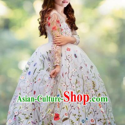 Top Grade Chinese Compere Professional Performance Piano Recital Catwalks Costume, Children Chorus Embroidery Flowers White Wedding Bubble Formal Dress Modern Dance Baby Princess Trailing Long Dress for Girls Kids