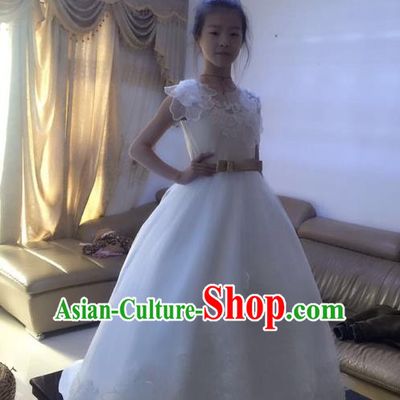 Top Grade Chinese Compere Professional Performance Piano Recital Catwalks Costume, Children Chorus Flowers Fairy White Wedding Bubble Formal Dress Modern Dance Baby Princess Trailing Long Dress for Girls Kids