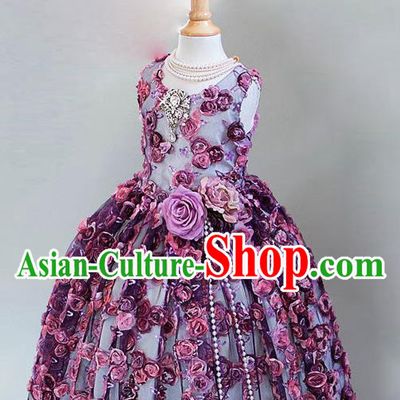 Top Grade Chinese Compere Professional Performance Piano Recital Catwalks Costume, Children Chorus Luxury Flowers Wedding Bubble Formal Dress Modern Dance Baby Princess Trailing Long Dress for Girls Kids