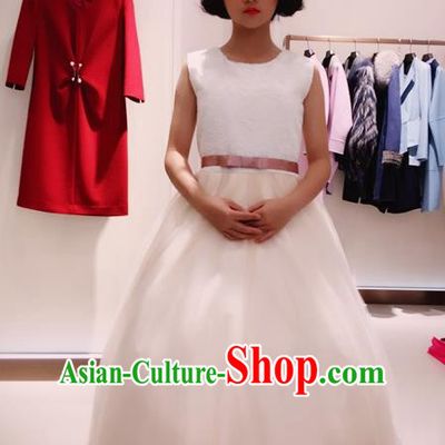 Top Grade Chinese Compere Professional Performance Piano Recital Catwalks Costume, Children Chorus Luxury Wedding Veil Bubble Formal Dress Modern Dance Baby Princess Trailing Long Dress for Girls Kids