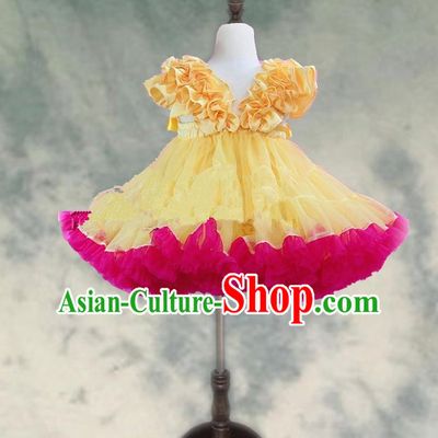 Top Grade Chinese Compere Professional Performance Catwalks Costume, Children Chorus Yellow and Pink Bubble Formal Dress Modern Dance Baby Princess Veil Short Dress for Girls Kids