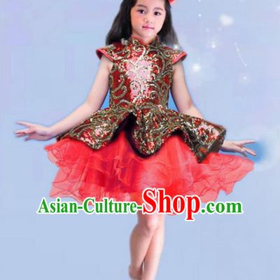 Top Grade Chinese Compere Professional Performance China Style Catwalks Costume, Children Chorus Luxury Red Wedding Bubble Formal Dress Modern Dance Baby Princess Bubble Short Dress for Girls Kids