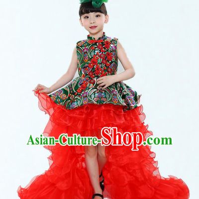 Top Grade Chinese Compere Professional Performance China Style Catwalks Costume, Children Chorus Red Cheongsam Formal Dress Modern Dance Baby Princess Long Trailing Dress for Girls Kids