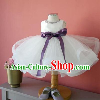 Top Grade Chinese Compere Professional Performance Catwalks Costume, Children Chorus White Veil Bubble Formal Dress Modern Dance Baby Princess Short Dress for Girls Kids