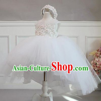 Top Grade Compere Professional Performance Catwalks Costume, Children Chorus White Flowers Veil Bubble Formal Dress Modern Dance Baby Princess Short Dress for Girls Kids