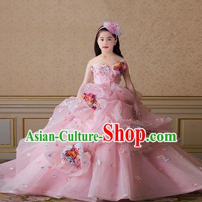Top Grade Compere Professional Performance Catwalks Costume, Children Chorus Pink Flowers Multilayer Veil Bubble Formal Dress Modern Dance Baby Princess Big Swing Long Dress for Girls Kids