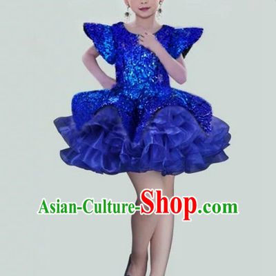 Top Grade Compere Professional Performance Catwalks Costume, Children Chorus Blue Paillette Bubble Formal Dress Modern Dance Baby Princess Short Dress for Girls Kids