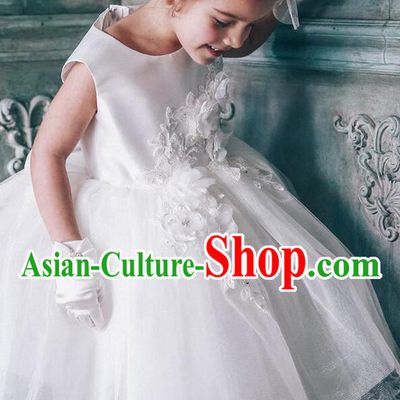 Top Grade Compere Professional Performance Catwalks Costume, Children Chorus White Flowers Multilayer Veil Bubble Formal Dress Modern Dance Baby Princess Short Dress for Girls Kids