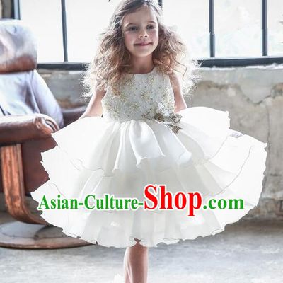 Top Grade Compere Professional Performance Catwalks Costume, Children Chorus White Beads Multilayer Veil Bubble Formal Dress Modern Dance Baby Princess Short Dress for Girls Kids