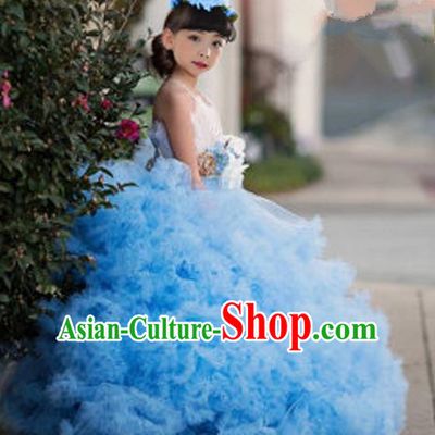 Top Grade Compere Professional Performance Catwalks Costume, Children Chorus Blue Multilayer Veil Bubble Formal Dress Modern Dance Baby Princess Big Swing Long Dress for Girls Kids
