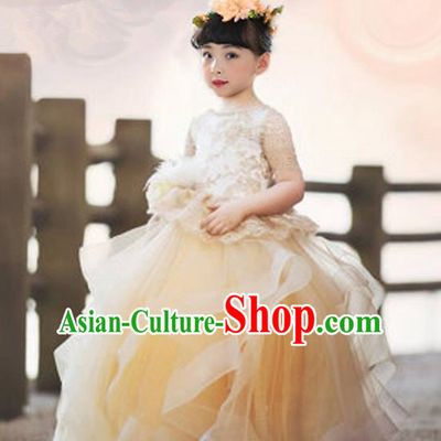 Top Grade Compere Professional Performance Catwalks Costume, Children Chorus Golden Flowers Multilayer Veil Bubble Formal Dress Modern Dance Baby Princess Big Swing Long Dress for Girls Kids