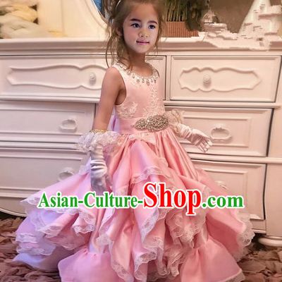 Top Grade Compere Professional Performance Catwalks Costume, Children Chorus Pink Crystal Lace Multilayer Veil Bubble Formal Dress Modern Dance Baby Princess Big Swing Long Dress for Girls Kids