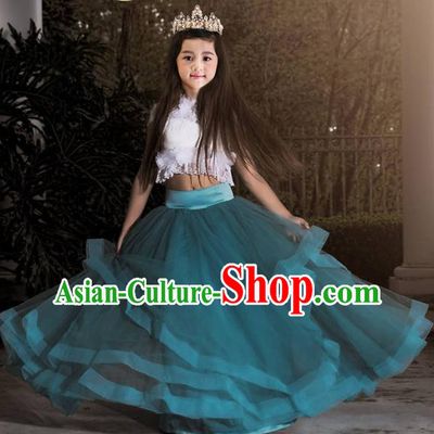 Top Grade Compere Professional Performance Catwalks Costume, Children Chorus Blue Lace Multilayer Veil Bubble Formal Dress Modern Dance Baby Princess Big Swing Long Dress for Girls Kids