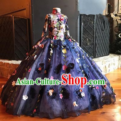 Top Grade Compere Professional Performance Catwalks Costume, Children Chorus Blue Bubble Backless Formal Dress Modern Dance Baby Princess Big Swing Long Dress for Girls Kids