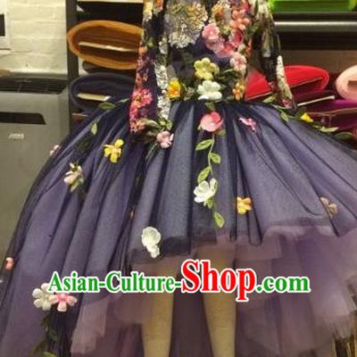 Top Grade Compere Professional Performance Catwalks Costume, Children Chorus Blue Bubble Backless Formal Dress Modern Dance Baby Princess Long Trailing Dress for Girls Kids