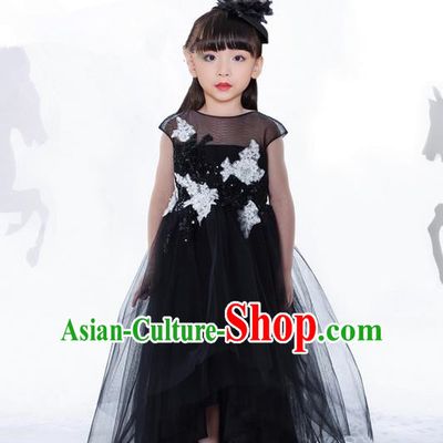 Top Grade Compere Professional Performance Catwalks Costume, Children Chorus Black Paillette Bubble Formal Dress Modern Dance Baby Princess Ball Gown Long Dress for Girls Kids