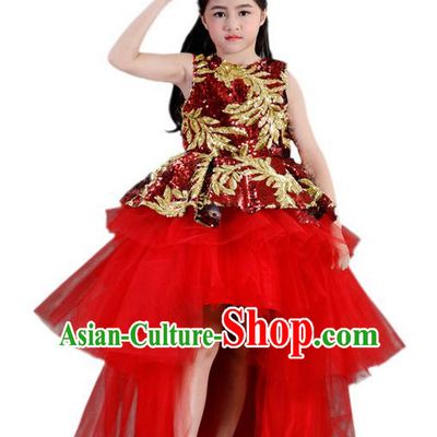 Top Grade Compere Professional Performance Catwalks Costume, Children Chorus Red Formal Bubble Dress Modern Dance Baby Princess Ball Gown Trailing Short Dress for Girls Kids