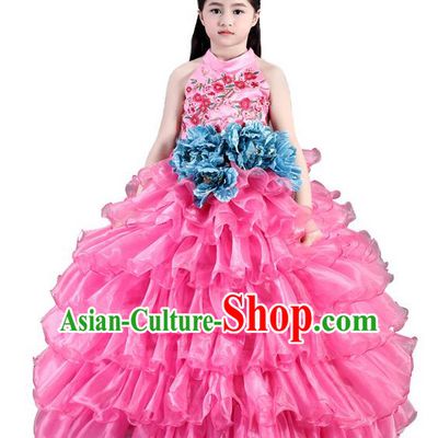 Top Grade Compere Professional Performance Catwalks Costume, Children Chorus Pink Bubble Wedding Formal Dress Modern Dance Baby Princess Ball Gown Long Dress for Girls Kids