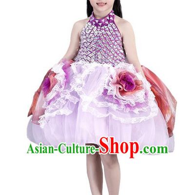 Top Grade Compere Professional Performance Catwalks Costume, Children Chorus Pink Flowers Wedding Formal Bubble Dress Modern Dance Baby Princess Short Ball Gown Dress for Girls Kids