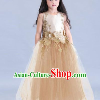 Top Grade Compere Professional Performance Catwalks Costume, Children Chorus Champagne Veil Wedding Formal Bubble Dress Modern Dance Baby Princess Ball Gown Long Dress for Girls Kids