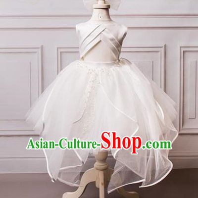 Top Grade Compere Professional Performance Catwalks Costume, Children Chorus White Wedding Veil Formal Bubble Dress Modern Dance Baby Princess Ball Gown Short Dress for Girls Kids