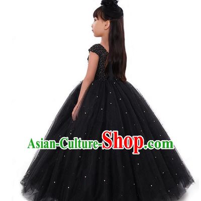 Top Grade Compere Professional Performance Catwalks Costume, Children Chorus Pearl Black Formal Dress Modern Dance Baby Princess Ball Gown Long Dress for Girls Kids