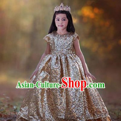 Top Grade Compere Professional Performance Catwalks Costume, Children Chorus Flower Fairy Gold Big Swing Wedding Veil Embroidery Formal Dress Modern Dance Baby Princess Ball Gown Long Trailing Dress for Girls Kids