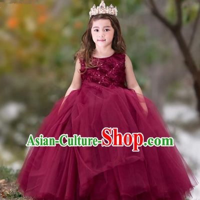 Top Grade Compere Professional Performance Catwalks Costume, Children Chorus Flower Fairy Wine Red Big Swing Wedding Veil Embroidery Formal Dress Modern Dance Baby Princess Ball Gown Long Trailing Dress for Girls Kids
