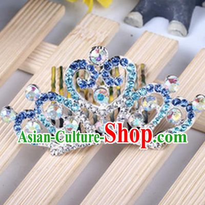 Top Grade Handmade Classical Hair Accessories, Children Baroque Style Blue Crystal Princess Royal Crown Hair Comb Jewellery for Kids Girls