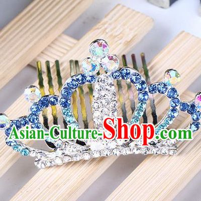 Top Grade Handmade Classical Hair Accessories, Children Baroque Style Blue Crystal Baby Princess Little Alloy Royal Crown Twist Inserted Comb Hair Comb Jewellery for Kids Girls