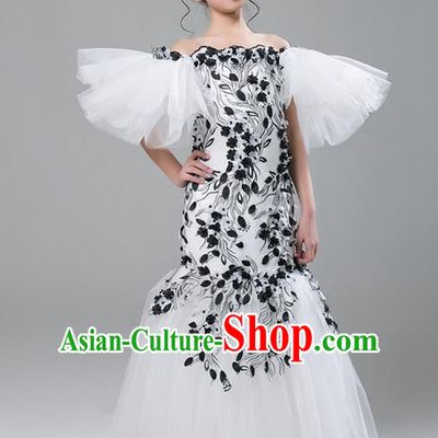 Top Grade Compere Professional Performance Catwalks Costume, Children Chorus White Fishtail Formal Dress Modern Dance Baby Princess Modern Fancywork Ball Gown Long Mermaid Dress for Girls Kids
