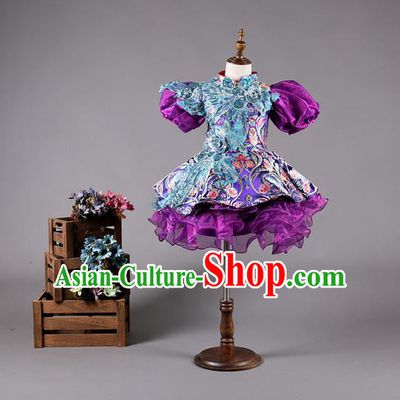 Top Grade Compere Professional Performance Catwalks Costume, China Tang Suit Cheongsam Children Chorus Formal Dress Modern Dance Baby Princess Modern Fancywork Bubble Dress for Girls Kids