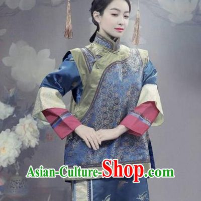 Traditional Ancient Chinese Qing Dynasty Princess Costume and Handmade Headpiece Complete Set, Chinese Manchu Princess Dress Imperial Consort Clothing for Women