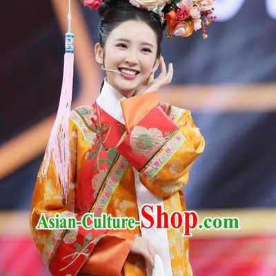 Traditional Ancient Chinese Qing Dynasty Princess Costume and Handmade Headpiece Complete Set, Chinese Empresses in the Palace Zhen Huan Manchu Imperial Consort Clothing for Women