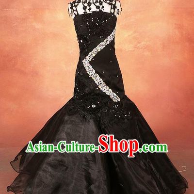 Top Grade Compere Professional Performance Catwalks Costume, Children Chorus Black Fishtail Formal Dress Modern Dance Baby Princess Mermaid Full Dress Modern Fancywork Long Dress for Girls Kids