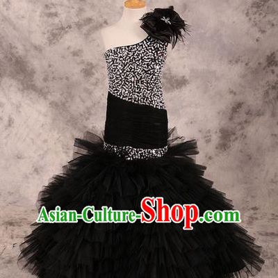 Top Grade Compere Professional Performance Catwalks Costume, Children Chorus Black Fishtail Full Dress Modern Dance Baby Princess Modern Fancywork Ball Gown Long Mermaid Dress for Girls Kids