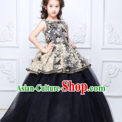 Top Grade Compere Professional Performance Catwalks Costume, Children Chorus Black Bubble Full Dress With Wings Modern Dance Baby Princess Modern Fancywork Ball Gown Long Dress for Girls Kids